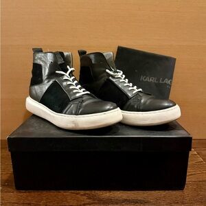 Karl Lagerfeld Men's Black Leather and Perforated Suede High Top Sneakers
